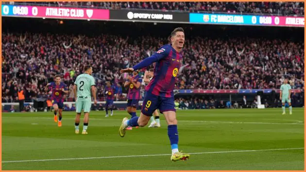 BARCELONA, SPAIN - NOVEMBER 22: Robert Lewandowski of FC Barcelona celebrates scoring his team's first goal during the LaLiga EA Sports match between FC Barcelona and Athletic Club at Spotify Camp Nou on November 22, 2025 in Barcelona, Spain.