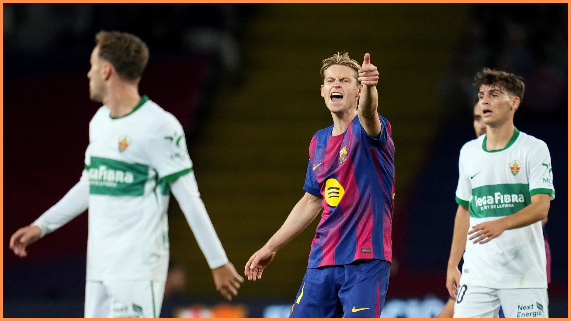 BARCELONA, SPAIN - NOVEMBER 02: Frenkie de Jong of FC Barcelona, gives the team instructions during the LaLiga EA Sports match between FC Barcelona and Elche CF at Spotify Camp Nou on November 02, 2025 in Barcelona, Spain.