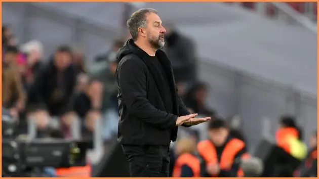 BARCELONA, SPAIN - NOVEMBER 22: Hansi Flick, Head Coach of FC Barcelona, looks on during the LaLiga EA Sports match between FC Barcelona and Athletic Club at Spotify Camp Nou on November 22, 2025 in Barcelona, Spain.