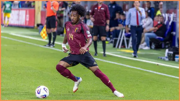 BRUSSELS, BELGIUM - SEPTEMBER 07: Malick Fofana of Belgium runs with the ball during the FIFA World Cup 2026 qualifier match between Belgium and Kazakhstan at Lotto Park on September 07, 2025 in Brussels, Belgium.