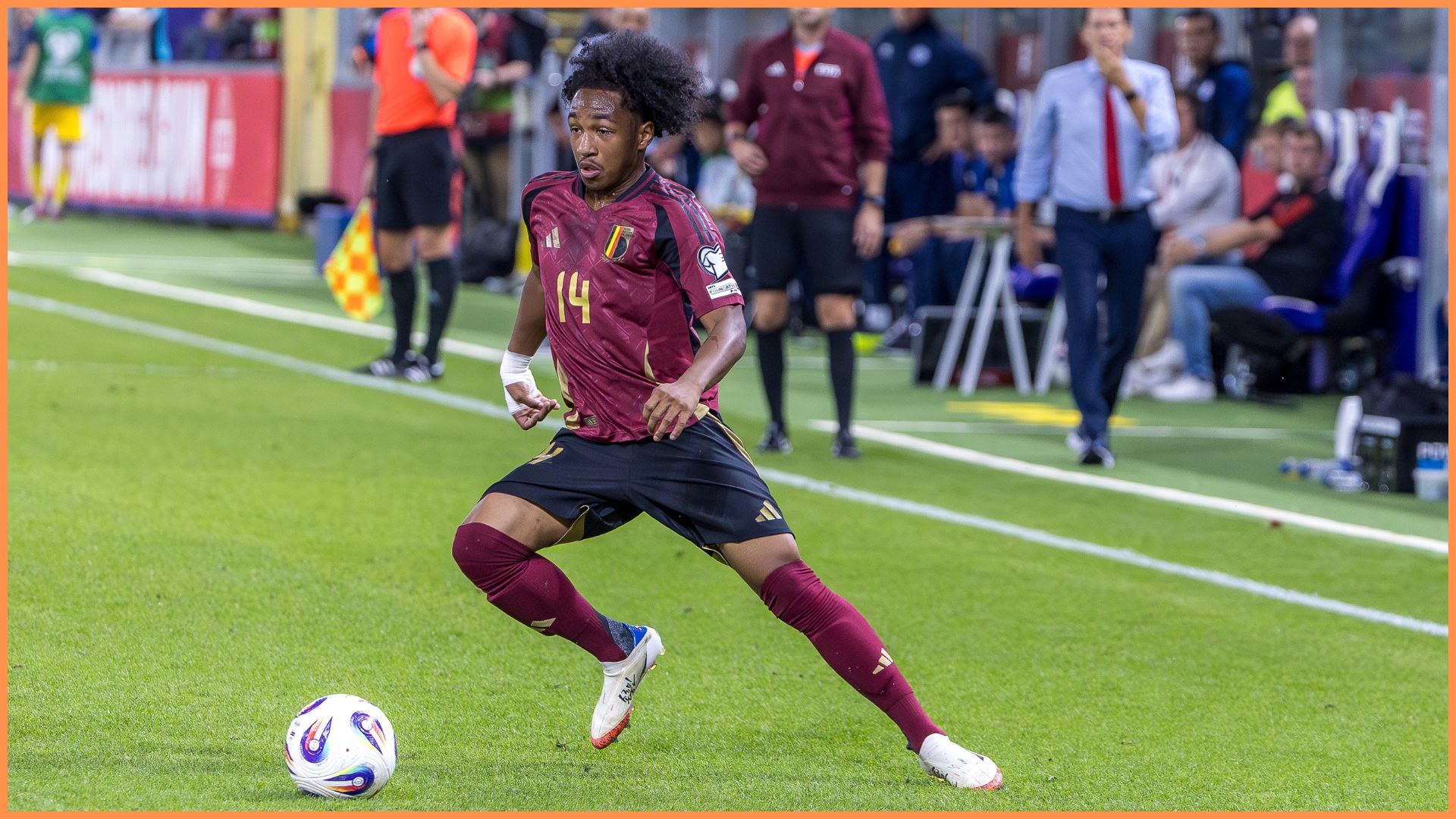 BRUSSELS, BELGIUM - SEPTEMBER 07: Malick Fofana of Belgium runs with the ball during the FIFA World Cup 2026 qualifier match between Belgium and Kazakhstan at Lotto Park on September 07, 2025 in Brussels, Belgium.