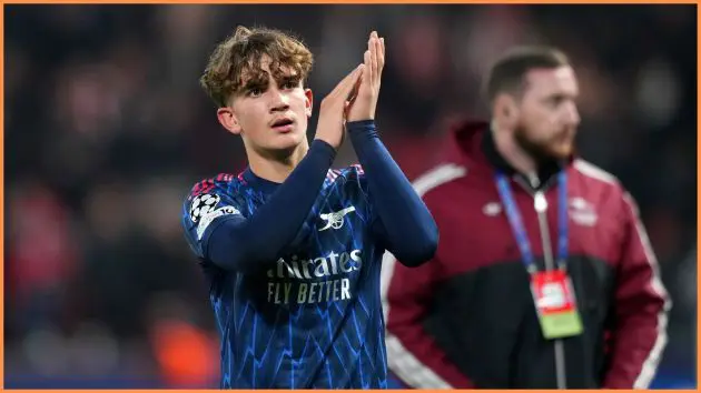 PRAGUE, CZECH REPUBLIC - NOVEMBER 04: Max Dowman of Arsenal acknowledges the fans after the teams victory in dthe UEFA Champions League 2025/26 League Phase MD4 match between SK Slavia Praha and Arsenal FC at Eden Arena on November 04, 2025 in Prague, Czech Republic.