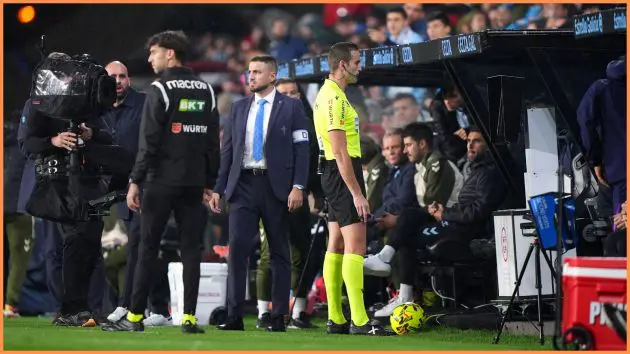 VIGO, SPAIN - NOVEMBER 09: Referee Javier Alberola Rojas checks the VAR screen during the LaLiga EA Sports match between RC Celta de Vigo and FC Barcelona at Estadio Abanca-Balaidos on November 09, 2025 in Vigo, Spain.