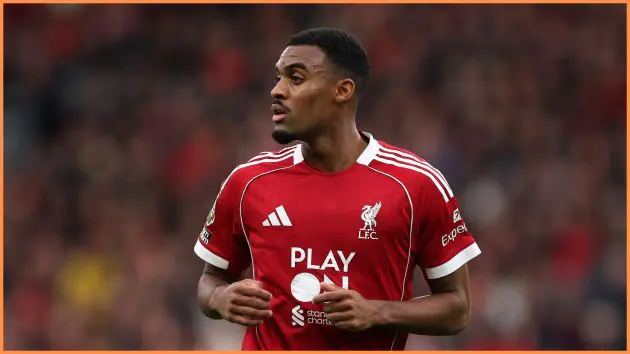 LIVERPOOL, ENGLAND - OCTOBER 19: Ryan Gravenberch of Liverpool looks on during the Premier League match between Liverpool and Manchester United at Anfield on October 19, 2025 in Liverpool, England.