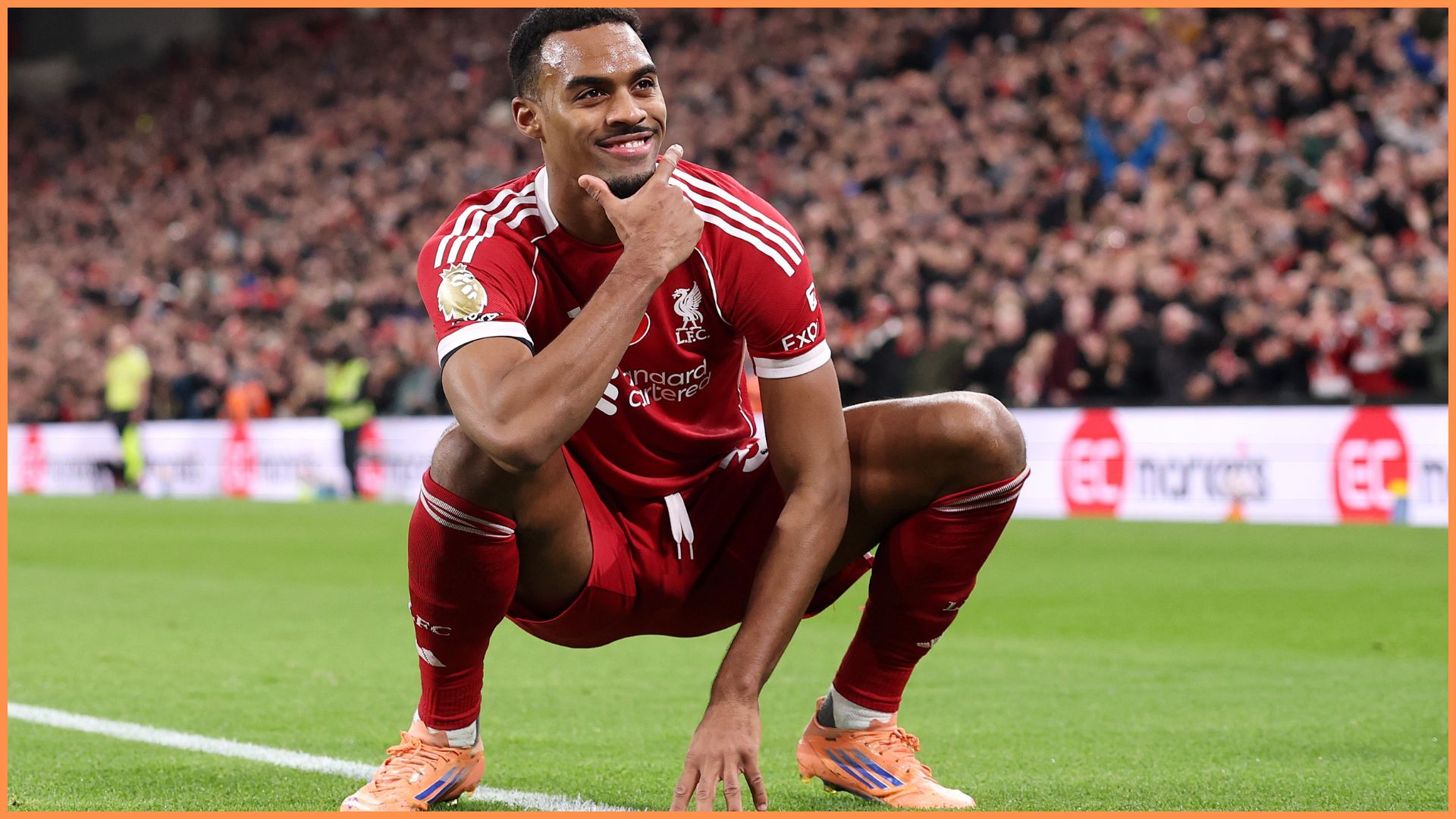 LIVERPOOL, ENGLAND - NOVEMBER 01: Ryan Gravenberch of Liverpool celebrates scoring his team's second goal during the Premier League match between Liverpool and Aston Villa at Anfield on November 01, 2025 in Liverpool, England.