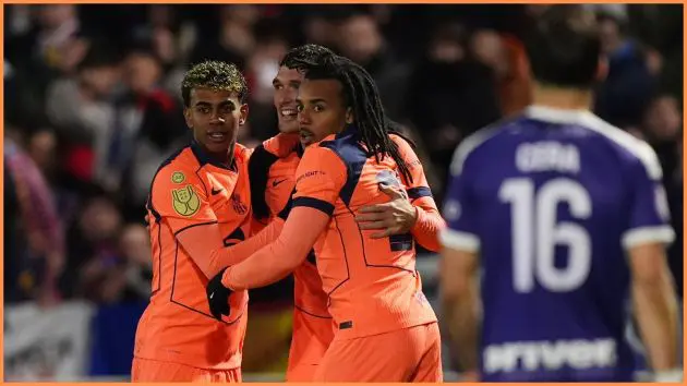 GUADALAJARA, SPAIN - DECEMBER 16: Andreas Christensen of FC Barcelona celebrates with teammates after scoring his team's first goal during the Copa del Rey match between CD Guadalajara and FC Barcelona at Estadio Pedro Escartin on December 16, 2025 in Guadalajara, Spain.