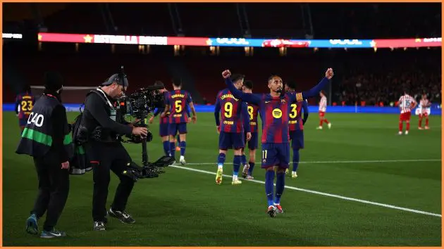 BARCELONA, SPAIN - DECEMBER 02: Raphinha of FC Barcelona celebrates scoring his team's first goal during the LaLiga EA Sports match between FC Barcelona and Atletico de Madrid at Spotify Camp Nou on December 02, 2025 in Barcelona, Spain.