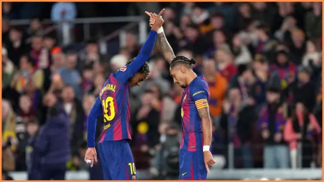 BARCELONA, SPAIN - DECEMBER 13: Raphinha of FC Barcelona (R) celebrates scoring his team's first goal with teammate Lamine Yamal (L) during the LaLiga EA Sports match between FC Barcelona and CA Osasuna at Spotify Camp Nou on December 13, 2025 in Barcelona, Spain.