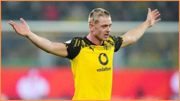 DORTMUND, GERMANY - DECEMBER 02: Julian Ryerson of Borussia Dortmund gestures during the DFB Cup round of 16 match between Borussia Dortmund and Bayer 04 Leverkusen at Signal Iduna Park on December 02, 2025 in Dortmund, Germany.