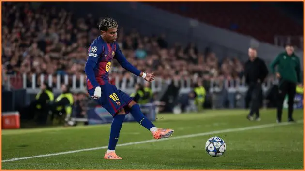 BARCELONA, SPAIN - DECEMBER 09: Lamine Yamal of FC Barcelona pass the ball during the UEFA Champions League 2025/26 League Phase MD6 match between FC Barcelona and Eintracht Frankfurt at Estadi Olimpic Lluis Companys on December 09, 2025 in Barcelona, Spain.