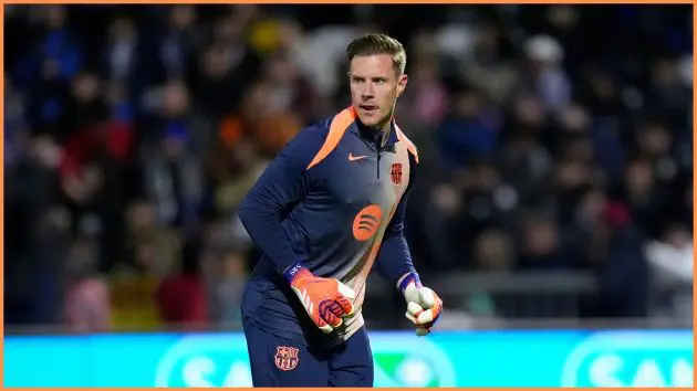 GUADALAJARA, SPAIN - DECEMBER 16: Marc-Andre ter Stegen of FC Barcelona warms up prior to the Copa del Rey match between CD Guadalajara and FC Barcelona at Estadio Pedro Escartin on December 16, 2025 in Guadalajara, Spain.
