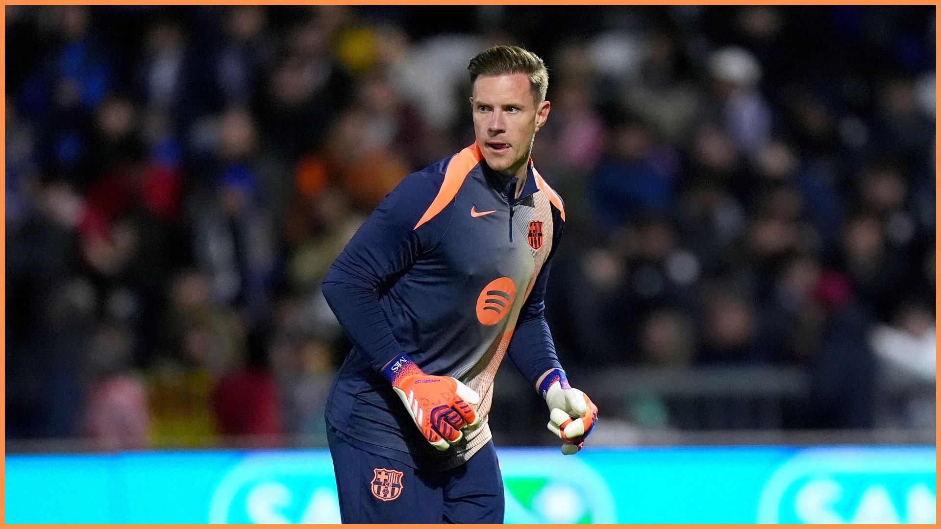 GUADALAJARA, SPAIN - DECEMBER 16: Marc-Andre ter Stegen of FC Barcelona warms up prior to the Copa del Rey match between CD Guadalajara and FC Barcelona at Estadio Pedro Escartin on December 16, 2025 in Guadalajara, Spain.