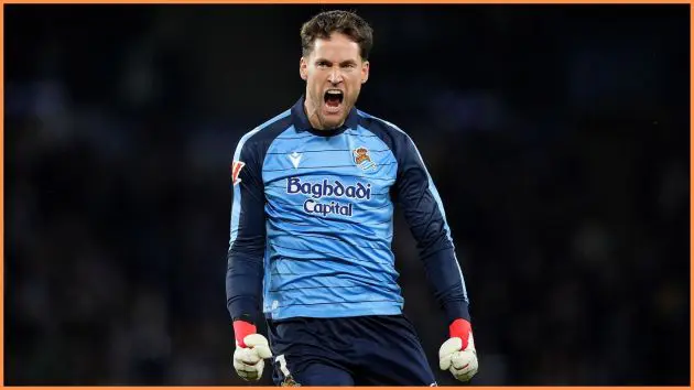 SAN SEBASTIAN, SPAIN - JANUARY 18: Alejandro Remiro of Real Sociedad celebrates after Goncalo Guedes of Real Sociedad (not pictured) scores his team's second goal during the LaLiga EA Sports match between Real Sociedad and FC Barcelona at Estadio Anoeta on January 18, 2026 in San Sebastian, Spain.