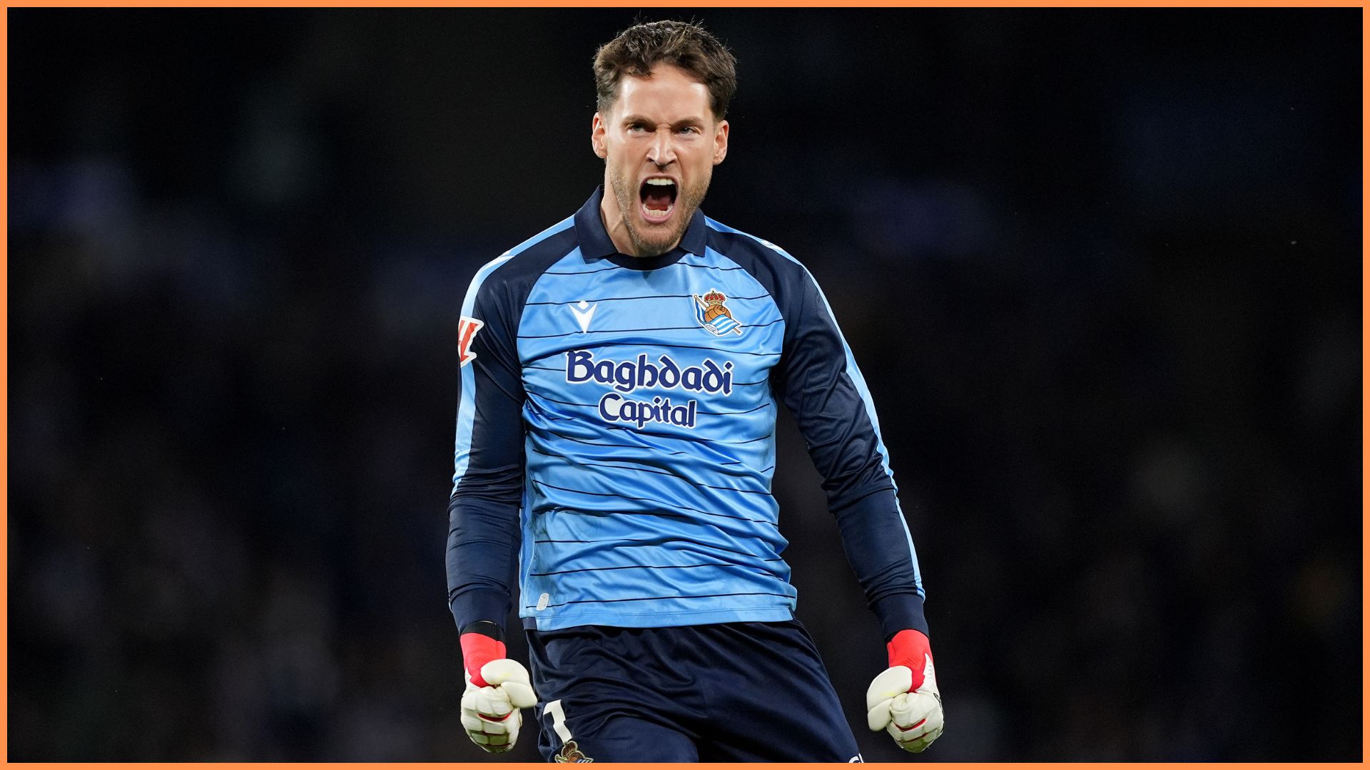 SAN SEBASTIAN, SPAIN - JANUARY 18: Alejandro Remiro of Real Sociedad celebrates after Goncalo Guedes of Real Sociedad (not pictured) scores his team's second goal during the LaLiga EA Sports match between Real Sociedad and FC Barcelona at Estadio Anoeta on January 18, 2026 in San Sebastian, Spain.
