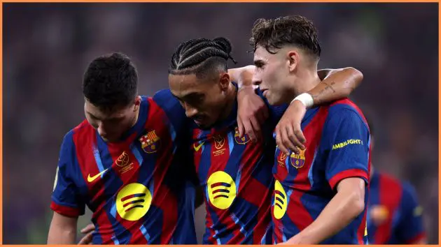 JEDDAH, SAUDI ARABIA - JANUARY 07: Raphinha of FC Barcelona celebrates scoring his team's fourth goal with teammates during the Spanish Super Cup Semi-Final match between Barcelona and Athletic Club at King Abdullah Sports City Hall Stadium on January 07, 2026 in Jeddah, Saudi Arabia.