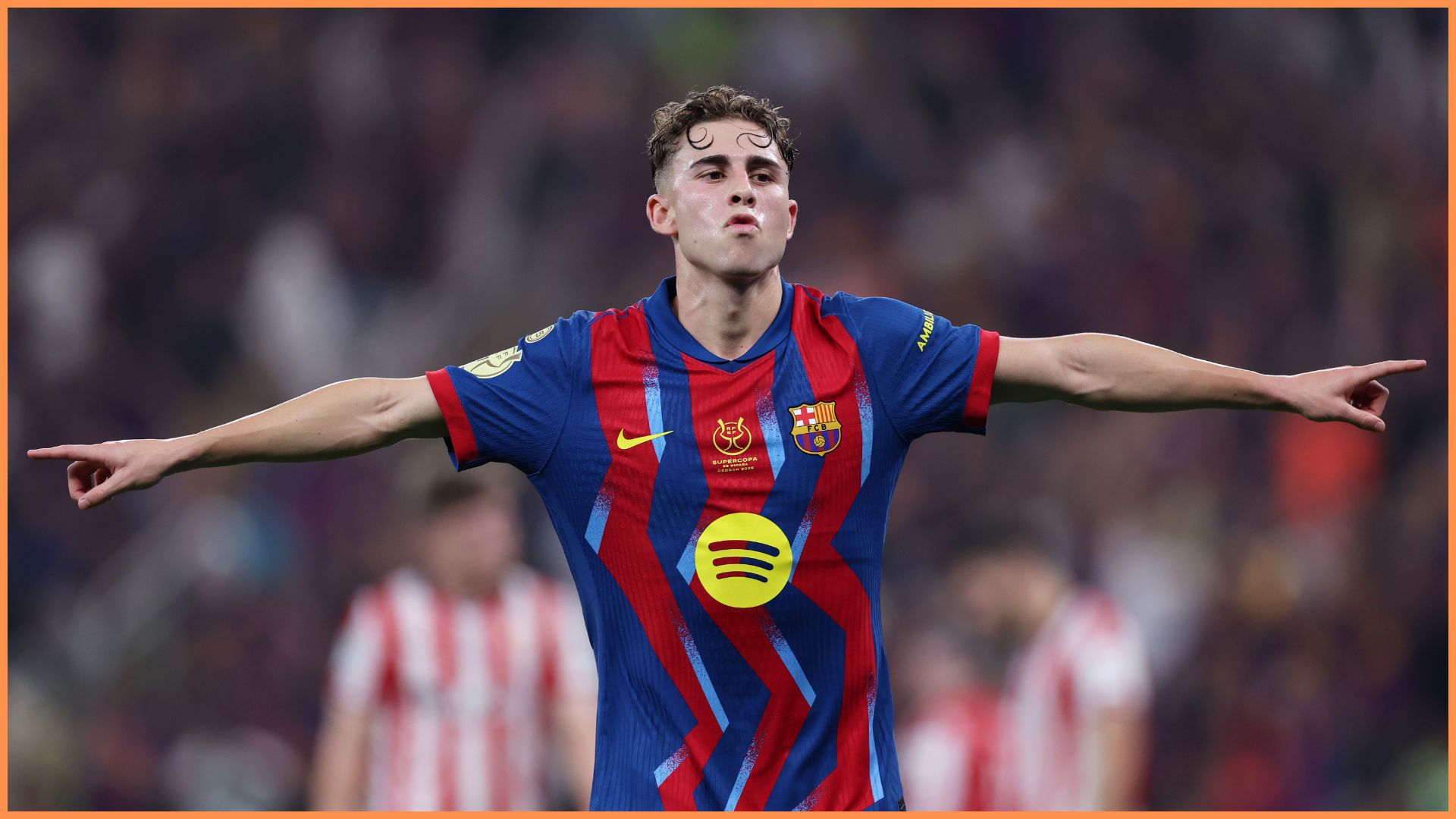 JEDDAH, SAUDI ARABIA - JANUARY 07: Fermin Lopez of FC Barcelona celebrates scoring his team's second goal during the Spanish Super Cup Semi-Final match between Barcelona and Athletic Club at King Abdullah Sports City Hall Stadium on January 07, 2026 in Jeddah, Saudi Arabia.