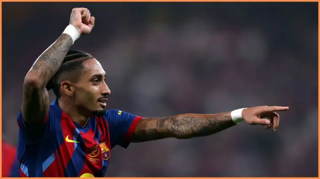 JEDDAH, SAUDI ARABIA - JANUARY 07: Raphinha of FC Barcelona celebrates scoring his team's fourth goal during the Spanish Super Cup Semi-Final match between Barcelona and Athletic Club at King Abdullah Sports City Hall Stadium on January 07, 2026 in Jeddah, Saudi Arabia.