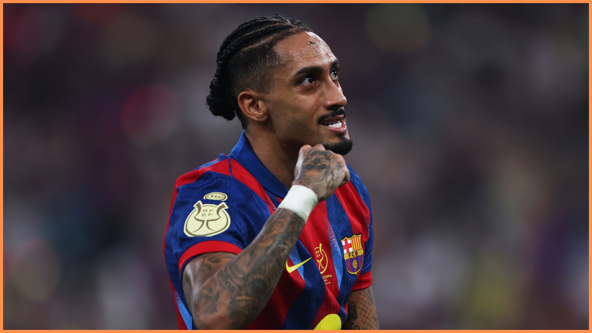 JEDDAH, SAUDI ARABIA - JANUARY 11: Raphinha of FC Barcelona celebrates scoring his team's third goal during the Spanish Super Cup Final between FC Barcelona and Real Madrid at King Abdullah Sports City Hall Stadium on January 11, 2026 in Jeddah, Saudi Arabia.