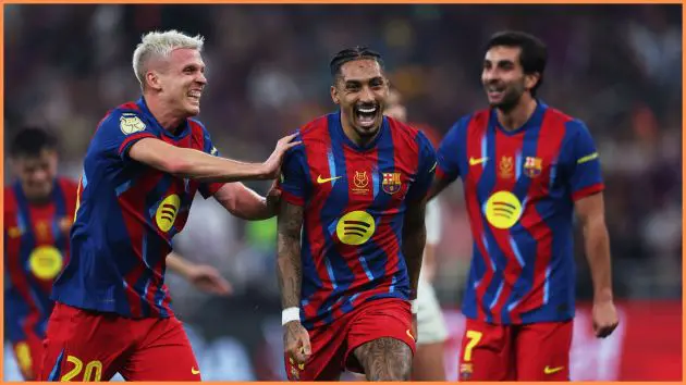 JEDDAH, SAUDI ARABIA - JANUARY 11: Raphinha of FC Barcelona celebrates scoring his team's third goal with teammate Dani Olmo during the Spanish Super Cup Final between FC Barcelona and Real Madrid at King Abdullah Sports City Hall Stadium on January 11, 2026 in Jeddah, Saudi Arabia.