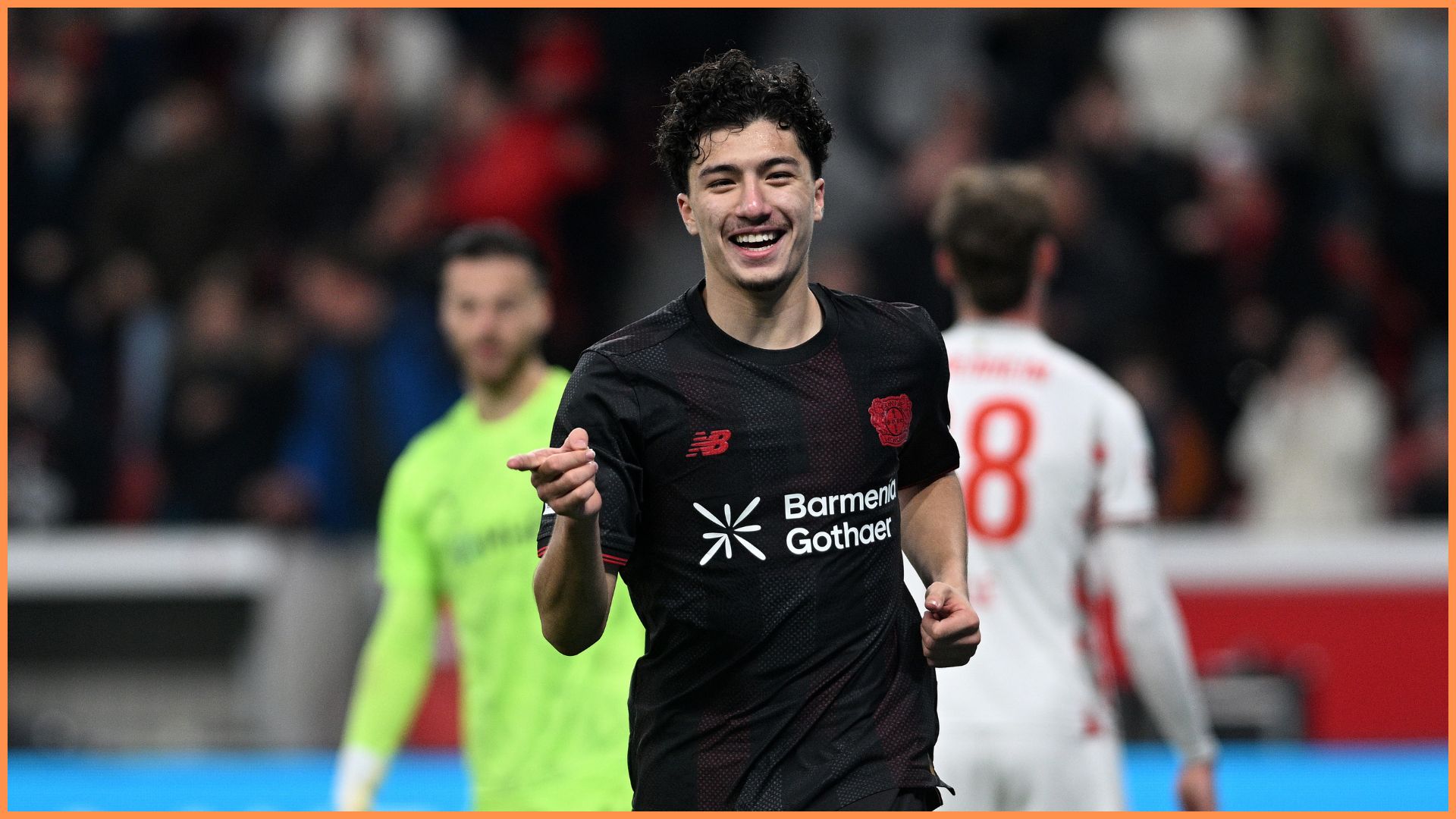 LEVERKUSEN, GERMANY - NOVEMBER 08: Ibrahim Maza of Bayer Leverkusen celebrates scoring his team's sixth goal during the Bundesliga match between Bayer 04 Leverkusen and 1. FC Heidenheim 1846 at the BayArena on November 08, 2025 in Leverkusen, Germany.