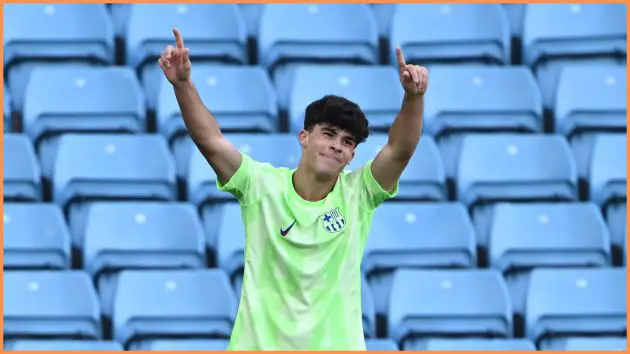 BIRMINGHAM, ENGLAND - MARCH 04: Quim Junyent of FC Barcelona celebrates scoring his team's first goal during the UEFA Youth League Round of 16 match at Villa Park on March 04, 2025 in Birmingham, England.