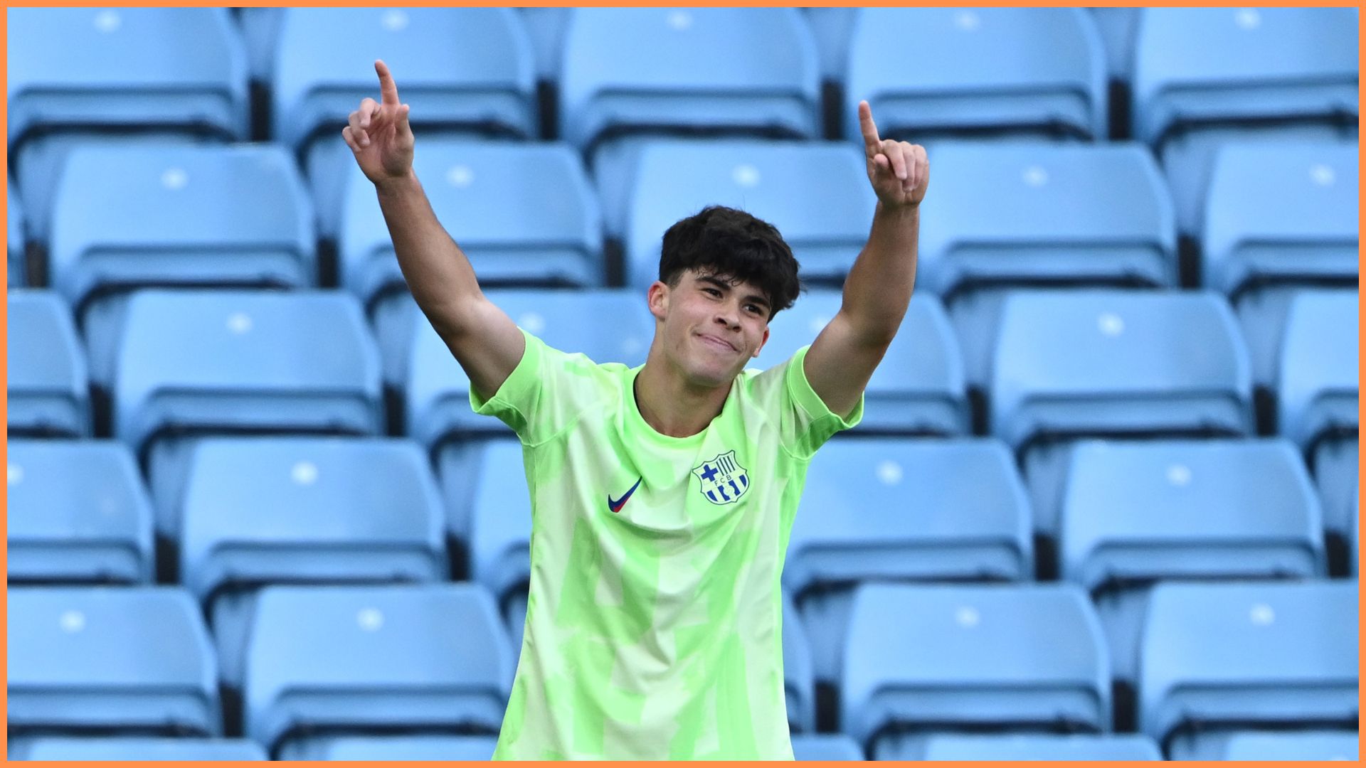 BIRMINGHAM, ENGLAND - MARCH 04: Quim Junyent of FC Barcelona celebrates scoring his team's first goal during the UEFA Youth League Round of 16 match at Villa Park on March 04, 2025 in Birmingham, England.