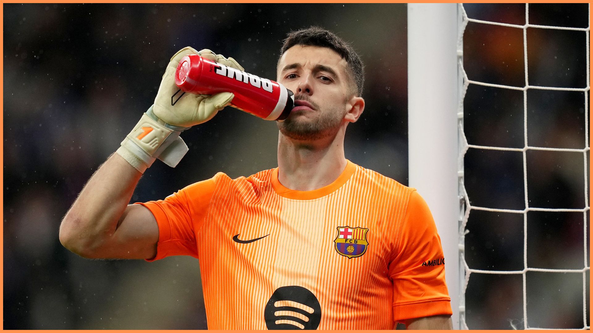 BARCELONA, SPAIN - JANUARY 03: Joan Garcia of FC Barcelona pauses for a drink during the LaLiga EA Sports match between RCD Espanyol de Barcelona and FC Barcelona at RCDE Stadium on January 03, 2026 in Barcelona, Spain.
