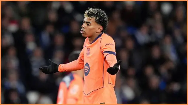 SAN SEBASTIAN, SPAIN - JANUARY 18: Lamine Yamal of FC Barcelona reacts during the LaLiga EA Sports match between Real Sociedad and FC Barcelona at Estadio Anoeta on January 18, 2026 in San Sebastian, Spain.