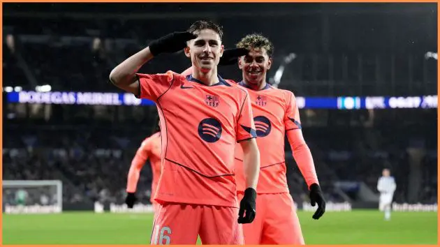 SAN SEBASTIAN, SPAIN - JANUARY 18: Fermin Lopez of FC Barcelona celebrates scoring a goal with teammate Lamine Yamal, which is later disallowed following a VAR Review which concluded a foul took place in the build up, during the LaLiga EA Sports match between Real Sociedad and FC Barcelona at Estadio Anoeta on January 18, 2026 in San Sebastian, Spain.
