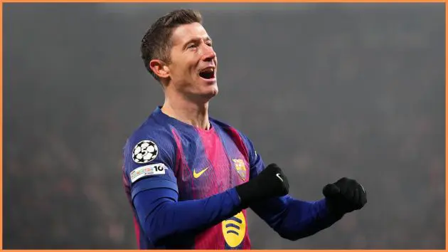 PRAGUE, CZECH REPUBLIC - JANUARY 21: Robert Lewandowski of FC Barcelona celebrates scoring his team's fourth goal during the UEFA Champions League 2025/26 League Phase MD7 match between SK Slavia Praha and FC Barcelona at Eden Arena on January 21, 2026 in Prague, Czech Republic.