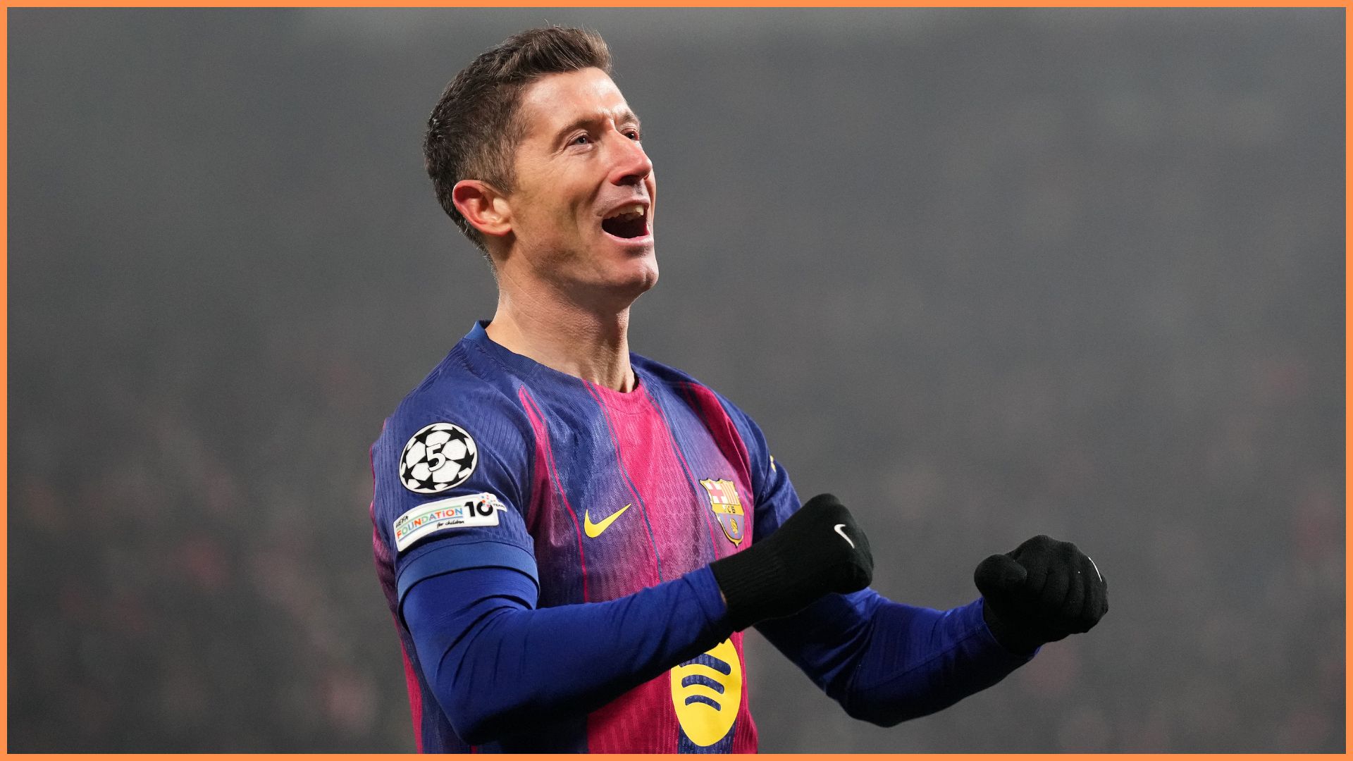 PRAGUE, CZECH REPUBLIC - JANUARY 21: Robert Lewandowski of FC Barcelona celebrates scoring his team's fourth goal during the UEFA Champions League 2025/26 League Phase MD7 match between SK Slavia Praha and FC Barcelona at Eden Arena on January 21, 2026 in Prague, Czech Republic.