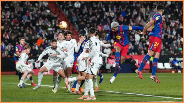 ALBACETE, SPAIN - FEBRUARY 03: Ronald Araujo of FC Barcelona scores his team's second goal during the Copa Del Rey Quarter Final match between Albacete Balompie and FC Barcelona at Estadio Carlos Belmonte on February 03, 2026 in Albacete, Spain.