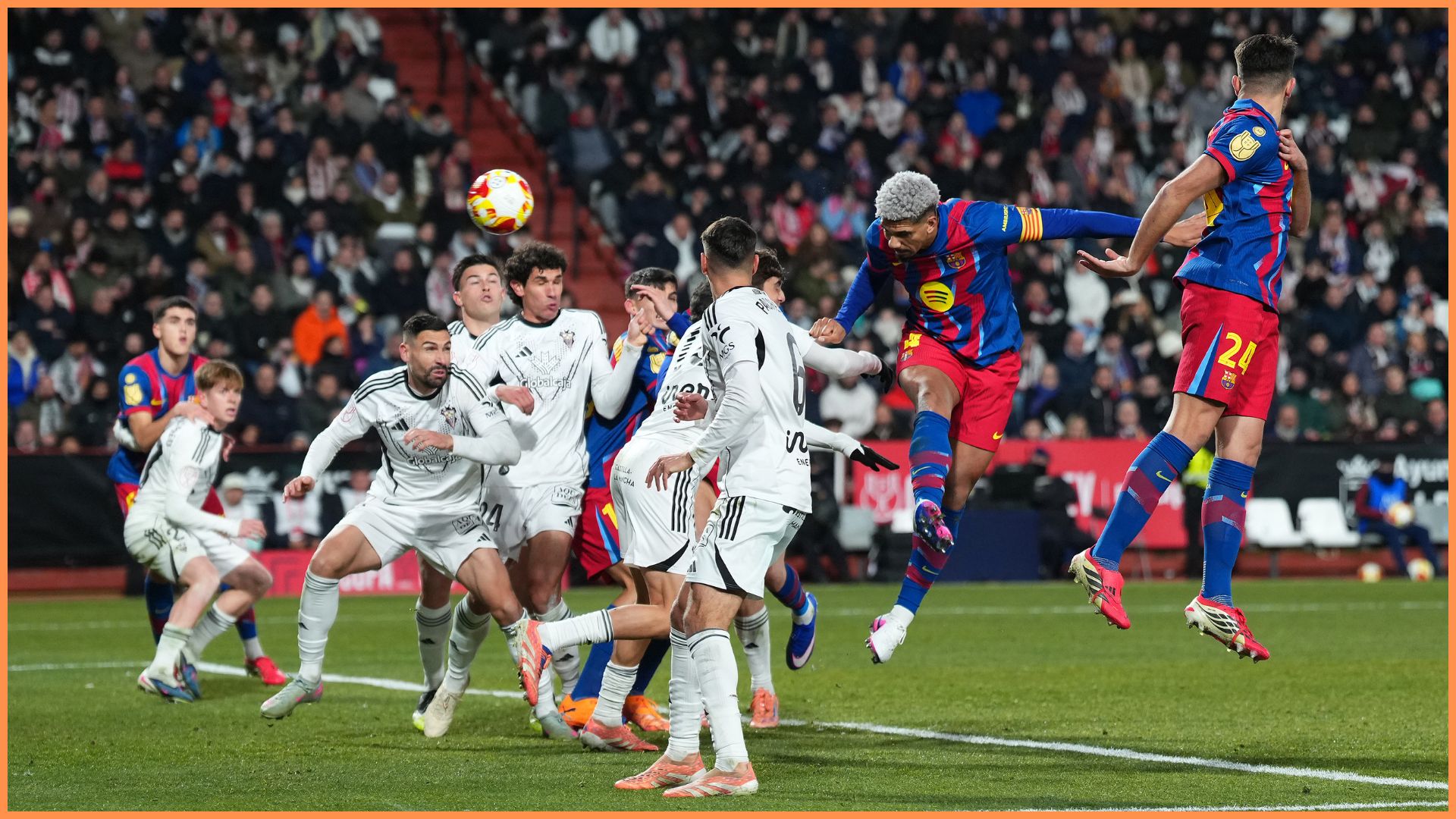 ALBACETE, SPAIN - FEBRUARY 03: Ronald Araujo of FC Barcelona scores his team's second goal during the Copa Del Rey Quarter Final match between Albacete Balompie and FC Barcelona at Estadio Carlos Belmonte on February 03, 2026 in Albacete, Spain.
