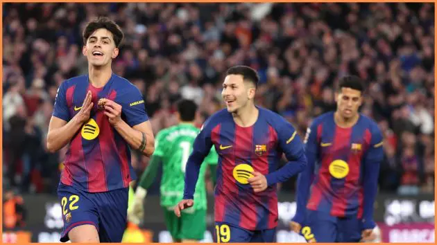 BARCELONA, SPAIN - FEBRUARY 07: Marc Bernal of FC Barcelona celebrates scoring his team's third goal during the LaLiga EA Sports match between FC Barcelona and RCD Mallorca at Spotify Camp Nou on February 07, 2026 in Barcelona, Spain.