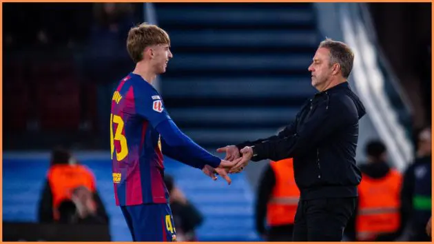 Barcelona midfielder Tommy Marques with Hansi Flick after making his first team debut.