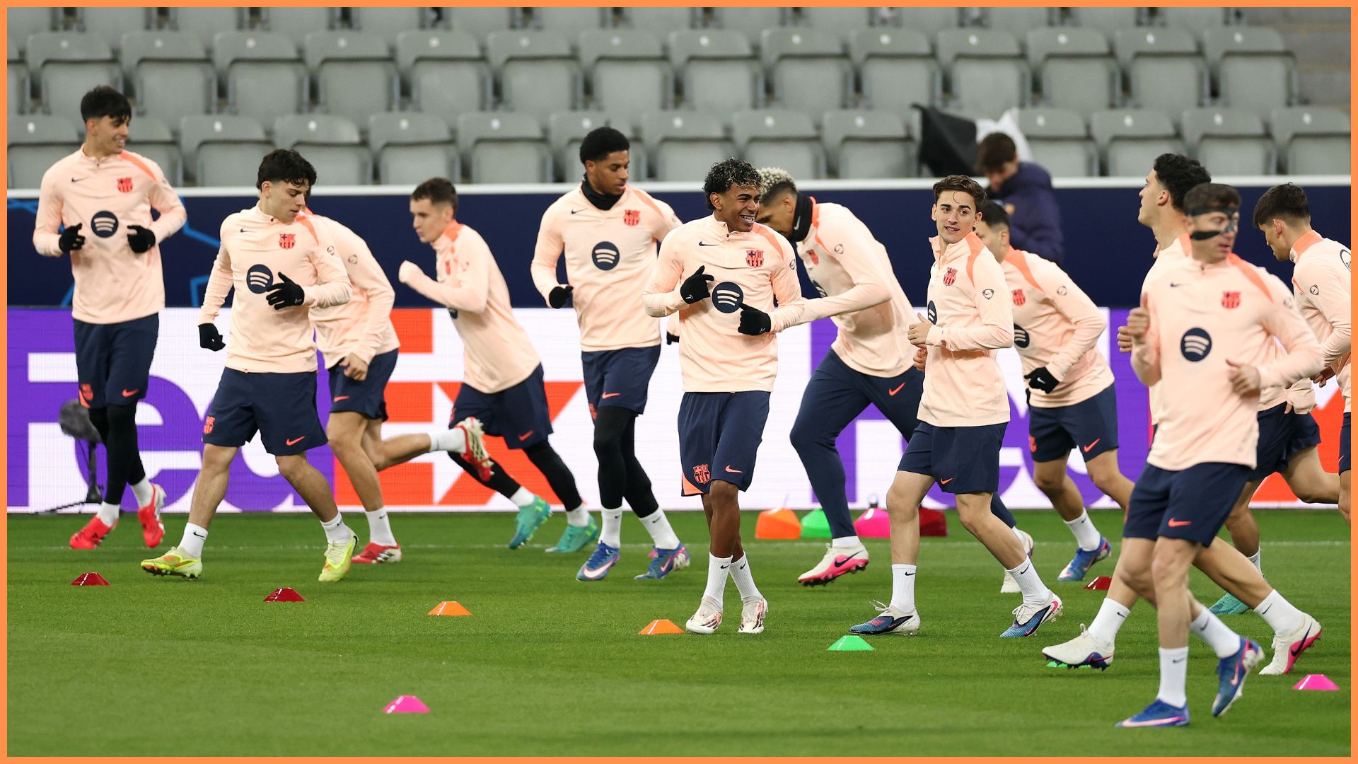 NEWCASTLE UPON TYNE, ENGLAND - MARCH 09: Lamine Yamal of FC Barcelona reacts during a training session ahead of the UEFA Champions League 2025/26 Round of 16 First Leg match between Newcastle United and FC Barcelona at St James' Park on March 09, 2026 in Newcastle upon Tyne, England.