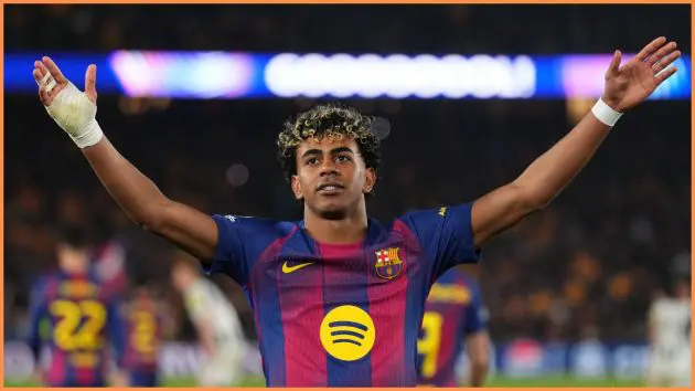 BARCELONA, SPAIN - MARCH 18: Lamine Yamal of FC Barcelona celebrates scoring his team's third goal from the penalty spot during the UEFA Champions League 2025/26 Round of 16 Second Leg match between FC Barcelona and Newcastle United FC at Camp Nou on March 18, 2026 in Barcelona, Spain.