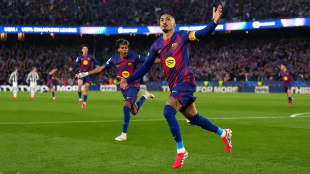 BARCELONA, SPAIN - MARCH 18: Raphinha of FC Barcelona celebrates scoring his team's first goal during the UEFA Champions League 2025/26 Round of 16 Second Leg match between FC Barcelona and Newcastle United FC at Camp Nou on March 18, 2026 in Barcelona, Spain.