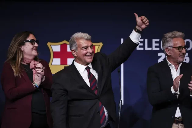 March 16, 2026, Barcelona, Barcelona, Spain: Joan Laporta attends his press conference as the re-elected president of FC Barcelona during the FC Barcelona presidential elections held at Spotify Camp Nou on 15 March 2026, in Barcelona, Spain.