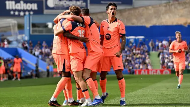 GETAFE, SPAIN - APRIL 25: Marcus Rashford of FC Barcelona celebrates scoring his team's second goal with teammates during the LaLiga EA Sports match between Getafe CF and FC Barcelona at Coliseum Alfonso Perez on April 25, 2026 in Getafe, Spain.