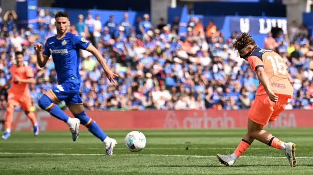 GETAFE, SPAIN - APRIL 25: Fermin Lopez of FC Barcelona scores his team's first goal during the LaLiga EA Sports match between Getafe CF and FC Barcelona at Coliseum Alfonso Perez on April 25, 2026 in Getafe, Spain.