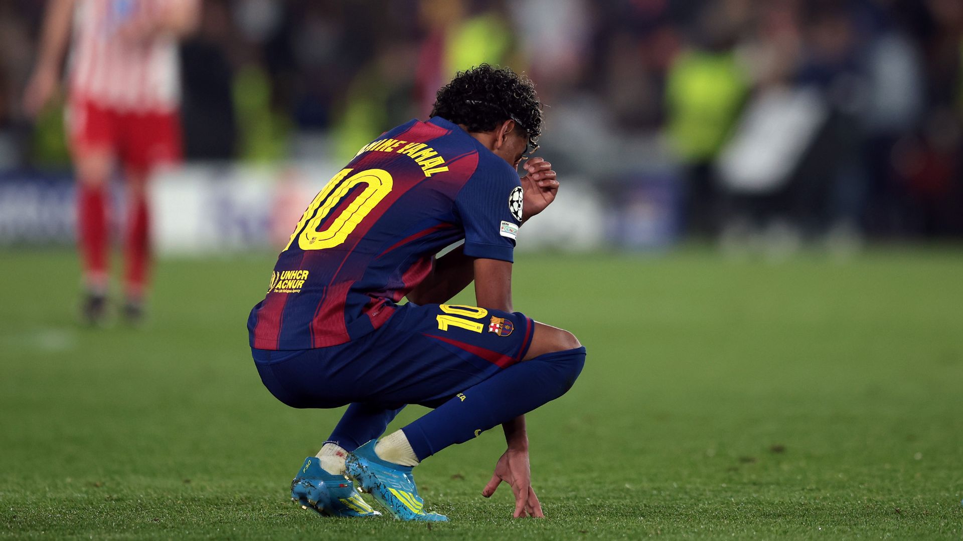 BARCELONA, SPAIN - APRIL 08: Lamine Yamal of FC Barcelona reacts following defeat in the UEFA Champions League 2025/26 Quarter-Final First Leg match between FC Barcelona and Club Atlético de Madrid at Camp Nou on April 08, 2026 in Barcelona, Spain.