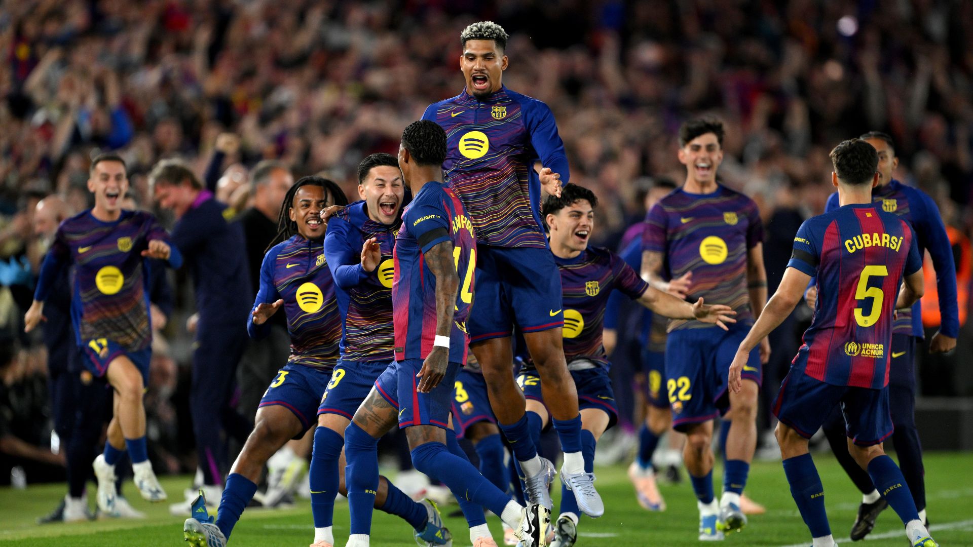 BARCELONA, SPAIN - MAY 10: Marcus Rashford of FC Barcelona celebrates scoring his team's first goal with teammates during the LaLiga EA Sports match between FC Barcelona and Real Madrid CF at Spotify Camp Nou on May 10, 2026 in Barcelona, Spain.