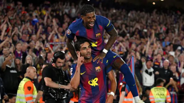 BARCELONA, SPAIN - MAY 10: Ferran Torres of FC Barcelona celebrates scoring his team's second goal with teammate Marcus Rashford during the LaLiga EA Sports match between FC Barcelona and Real Madrid CF at Spotify Camp Nou on May 10, 2026 in Barcelona, Spain.