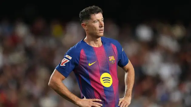 VALENCIA, SPAIN - MAY 23: Robert Lewandowski of FC Barcelona reacts during the LaLiga EA Sports match between Valencia CF and FC Barcelona at Estadi de Mestalla on May 23, 2026 in Valencia, Spain.