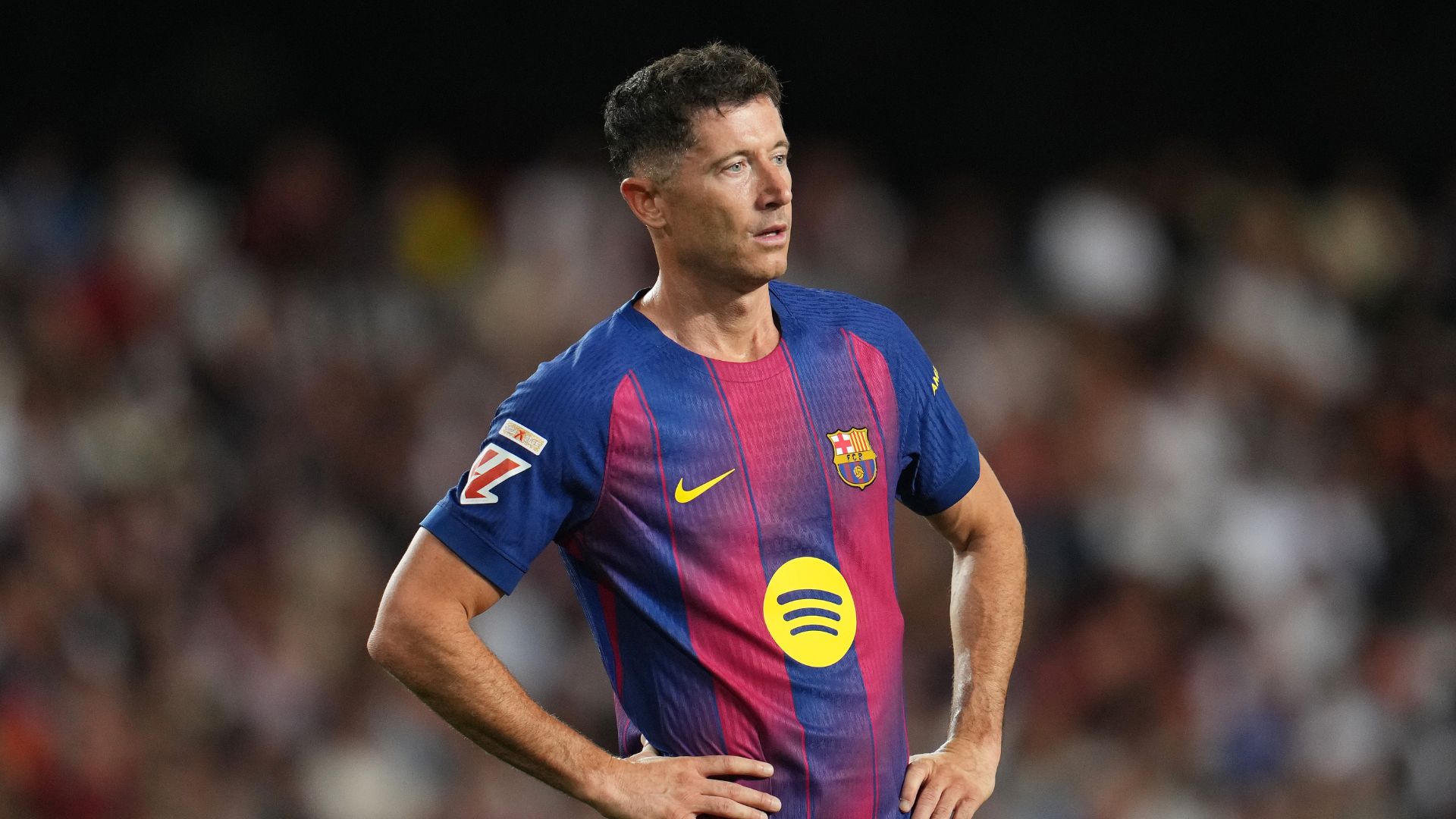 VALENCIA, SPAIN - MAY 23: Robert Lewandowski of FC Barcelona reacts during the LaLiga EA Sports match between Valencia CF and FC Barcelona at Estadi de Mestalla on May 23, 2026 in Valencia, Spain.