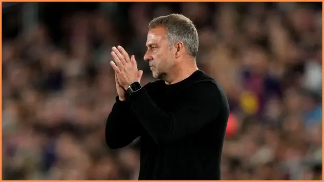 BARCELONA, SPAIN - MAY 10: Hansi Flick, Head Coach of FC Barcelona, applauds during the LaLiga EA Sports match between FC Barcelona and Real Madrid CF at Spotify Camp Nou on May 10, 2026 in Barcelona, Spain.