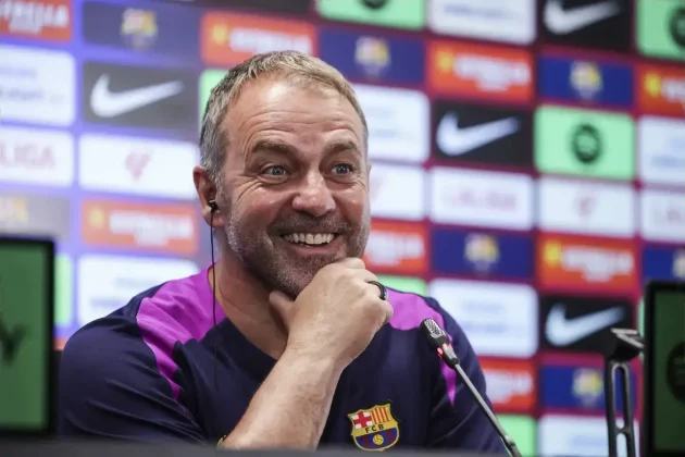 May 22, 2026, Sant Joan Despi, Barcelona, SPAIN: Hansi Flick, head coach of FC Barcelona, attends his press conference during the training day of FC Barcelona ahead the Spanish League, LaLiga EA Sports, football match against Valencia CF at Ciudad Esportiva Joan Gamper on May 22, 2026 in Sant Joan Despi, Barcelona, Spain.