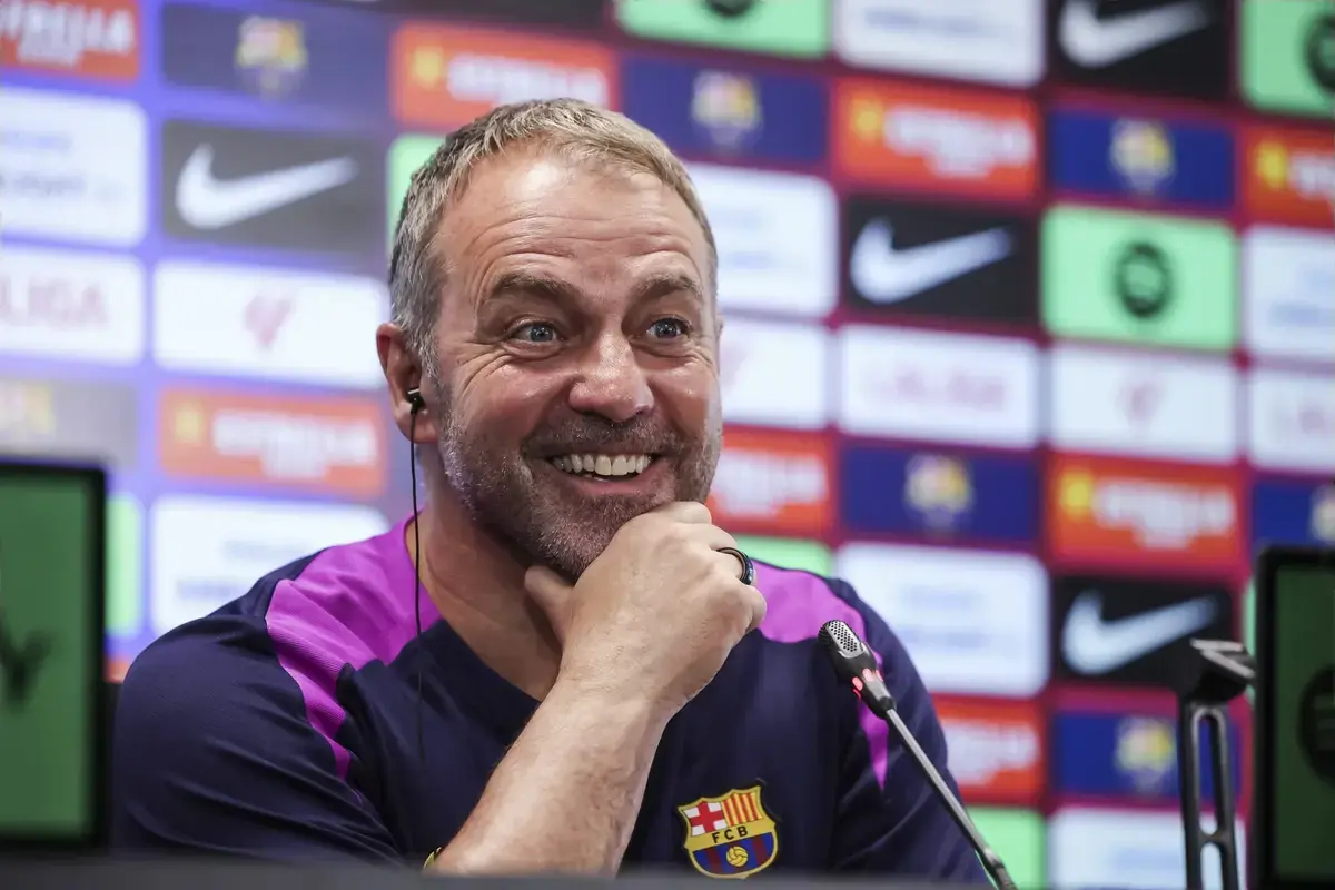 May 22, 2026, Sant Joan Despi, Barcelona, SPAIN: Hansi Flick, head coach of FC Barcelona, attends his press conference during the training day of FC Barcelona ahead the Spanish League, LaLiga EA Sports, football match against Valencia CF at Ciudad Esportiva Joan Gamper on May 22, 2026 in Sant Joan Despi, Barcelona, Spain.