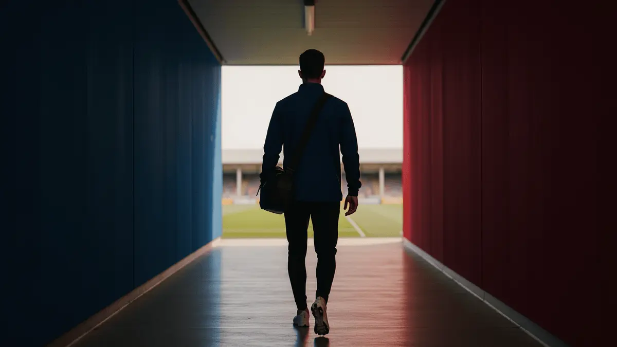 Footballer walking through stadium tunnel with blue and red lighting symbolizing Barcelona departure